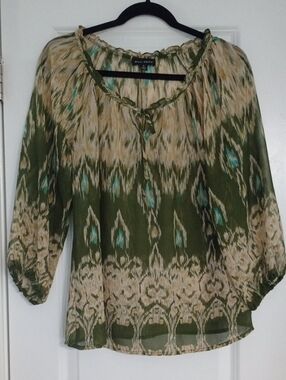 Willi Smith Olive, Beige & Teal Printed Peasant Tunic